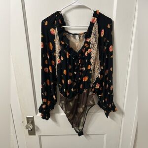 Free People Black Floral Lace Bodysuit